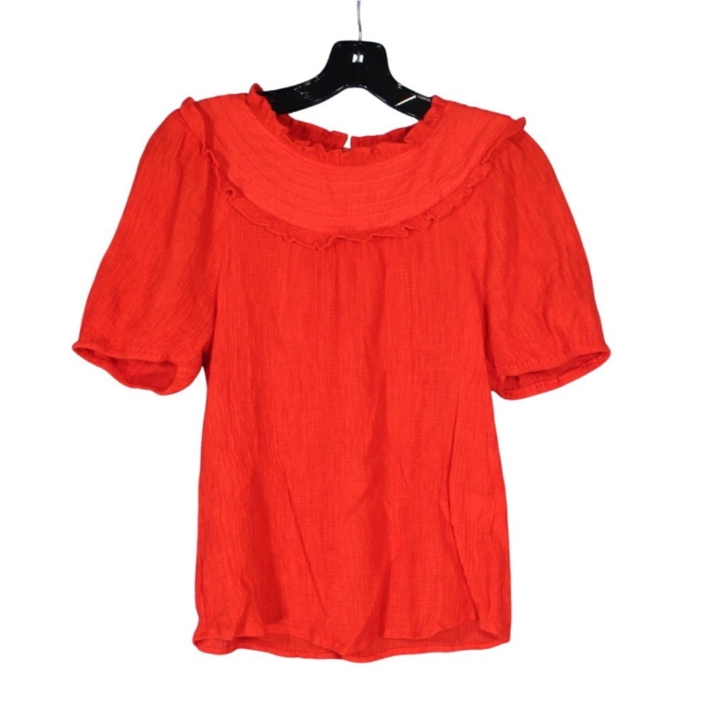 THML Anthropologie CREPE Dark Orange PUFF SLEEVES Ruffle Neck BLOUSE/TOP Sz S